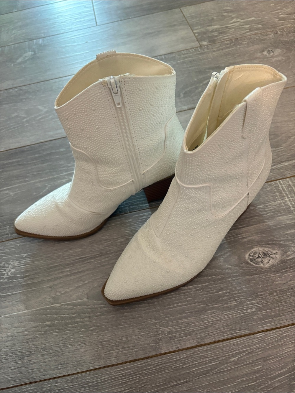MIA White Beaded Pointed Toe Ankle Boots